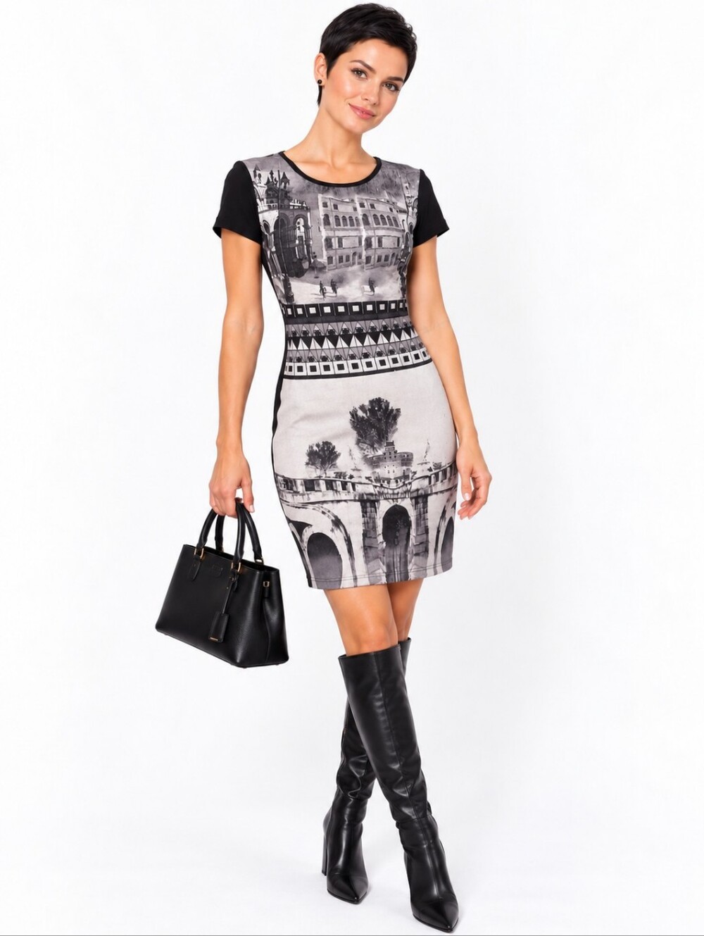 Teaberry Women’s Black White City Print Dress Stretch Sheath Office Size 10